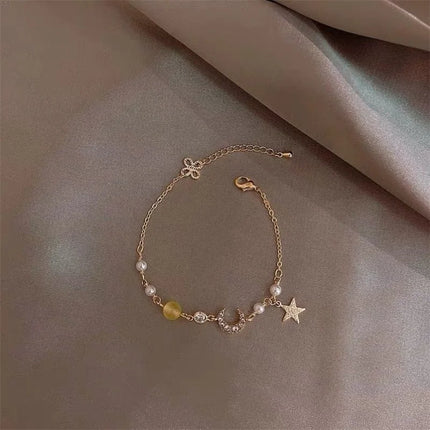 Korean Simple Star Moon Zircon Pearl Bracelet For Women Ladies Cute Elegant Exquisite Shiny Link Chain Bracelet Charm Jewelry