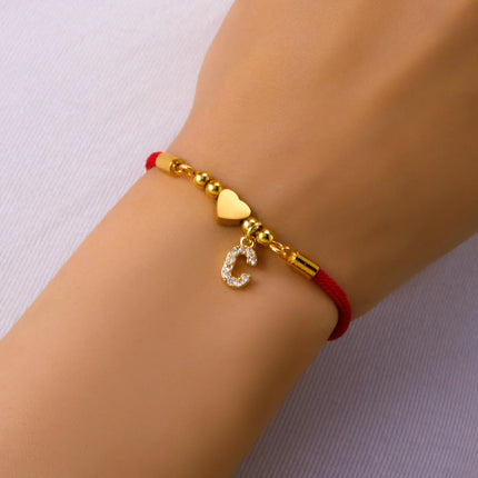 New Stainless Steel Gold Color Heart A-Z Initial Letter Bracelet Men Luck Red Rope Charm Bracelet For Women Men Jewelry Gift