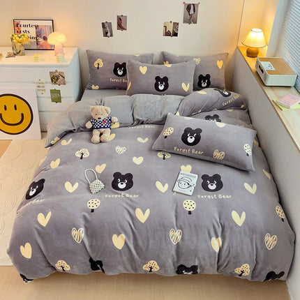 Cute Cartoon Panda 3pcs Duvet Cover Set Sage Green Thickened Milk Velvet Comforter Covers Boys Girls Bedding with Pillowcase