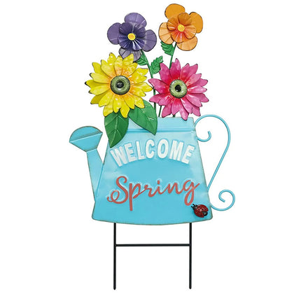 Metal Welcome Spring Flowerpot Shape Garden Stake Decorative Yard Sign Spring Decor Ornaments Outdoor Decoration