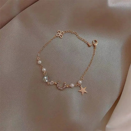 Korean Simple Star Moon Zircon Pearl Bracelet For Women Ladies Cute Elegant Exquisite Shiny Link Chain Bracelet Charm Jewelry