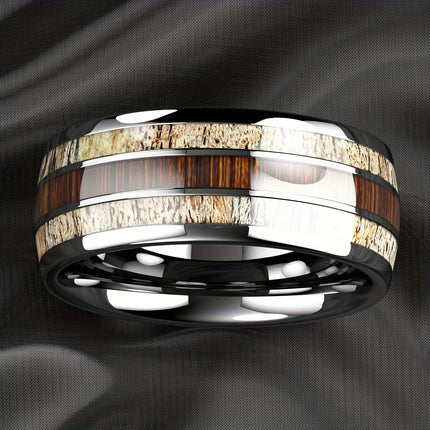 Fashion Silver Color Men's Stainless Steel Rings Koa Wood Deer Antler Inlay Dome Engagement Rings For Men Women Wedding Jewelry