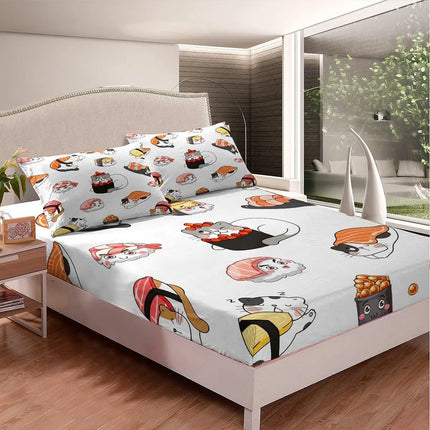 Cartoon Cat Bed Sheet Set,Watercolor Animals Butterfly Cat Fitted Sheet and Pillowcase for Kids Boys Girls Teens Queen Size 3Pcs