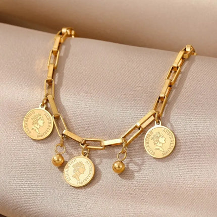 1pcs Gold-color Bracelet Ladies Hip Hop Style Stainless Steel Round Sign Portrait Pendant Wide Cross Chain Jewelry