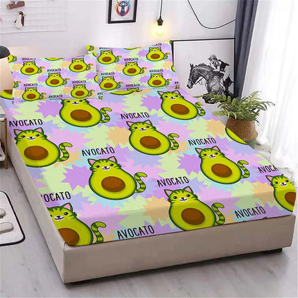 Cartoon Cat Bed Sheet Set,Watercolor Animals Butterfly Cat Fitted Sheet and Pillowcase for Kids Boys Girls Teens Queen Size 3Pcs