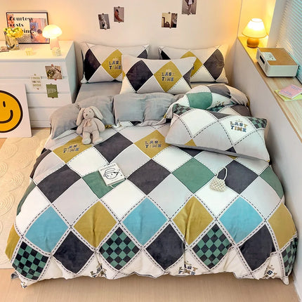 Cute Cartoon Panda 3pcs Duvet Cover Set Sage Green Thickened Milk Velvet Comforter Covers Boys Girls Bedding with Pillowcase