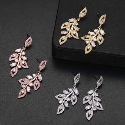 Luxury Flower Leaf Zircon Drop Earrings - Elegant Wedding Bridal Jewelry