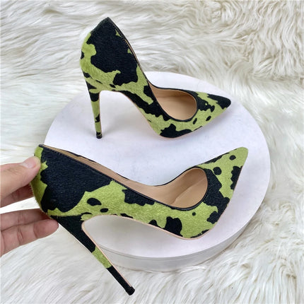 2020 New Women's Shoes Camouflage Horse Hair Celebrity High Heels 12CM Thin Heels Pointed Shallow Mouth Single Shoes Banquet Sho