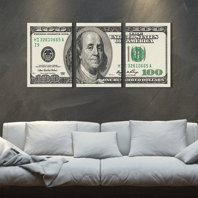 3 Panels 100 Bill Dollar Cash Collection Canvas Wall Art for Living Room Wall Decor Canvas Painting Posters for Home Decor