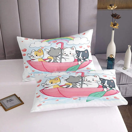 Cartoon Cat Bed Sheet Set,Watercolor Animals Butterfly Cat Fitted Sheet and Pillowcase for Kids Boys Girls Teens Queen Size 3Pcs