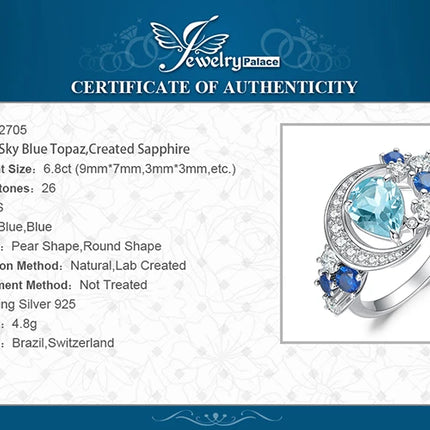 JewelryPalace New Arrival Moon Star 6.8ct Genuine Sky Blue Topaz Created Sapphire 925 Sterling Silver Statement Ring for Woman