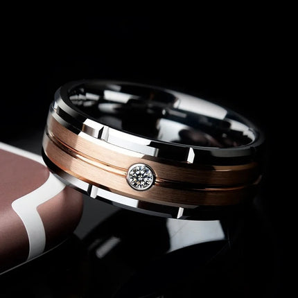 1pcs Luxury Women Ring Metal Hollow Carving Pattern Rose Gold Color Zircon Stones Couple Ring Bridal Engagement Wedding Jewelry