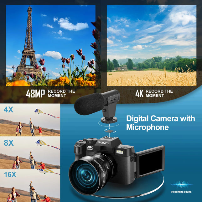 G-Anica 4K Digital Camera for Photography 48MP Vlogging Camera for Youtube with Microphone WiFi 3-Color Filter and Tripod Grip