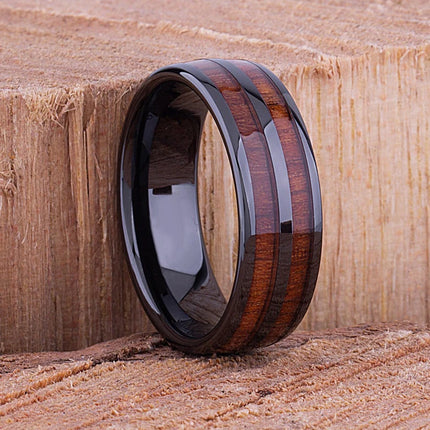 Fashion Silver Color Men's Stainless Steel Rings Koa Wood Deer Antler Inlay Dome Engagement Rings For Men Women Wedding Jewelry