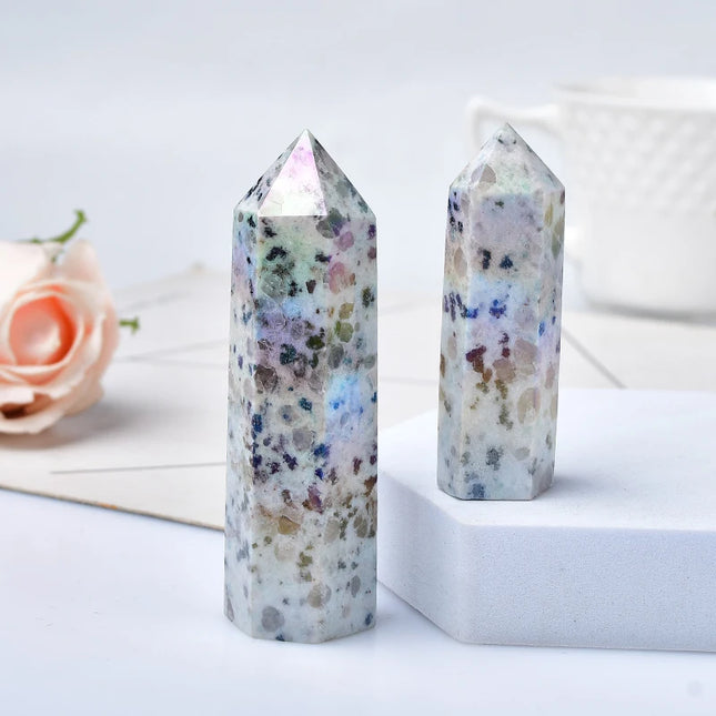 1PC Natural Aura Kiwi Jasper Quartz Crystal Point Wand Healing Stone Meditation Home Decor Reiki Polished Stone Chakra Tower