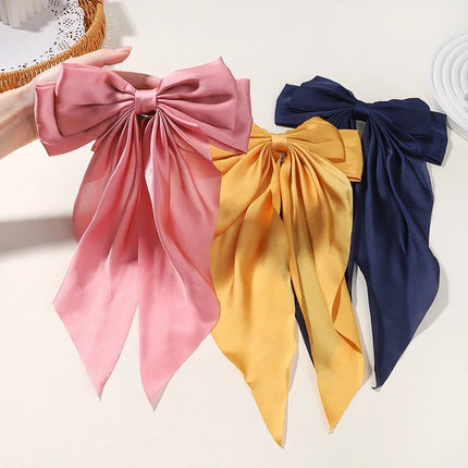 Elegant Bow Ribbon Hair Clip Fashion Simple Solid Satin Spring Clip Hair Pin Retro Headband with Clips Girls Hair Accessories