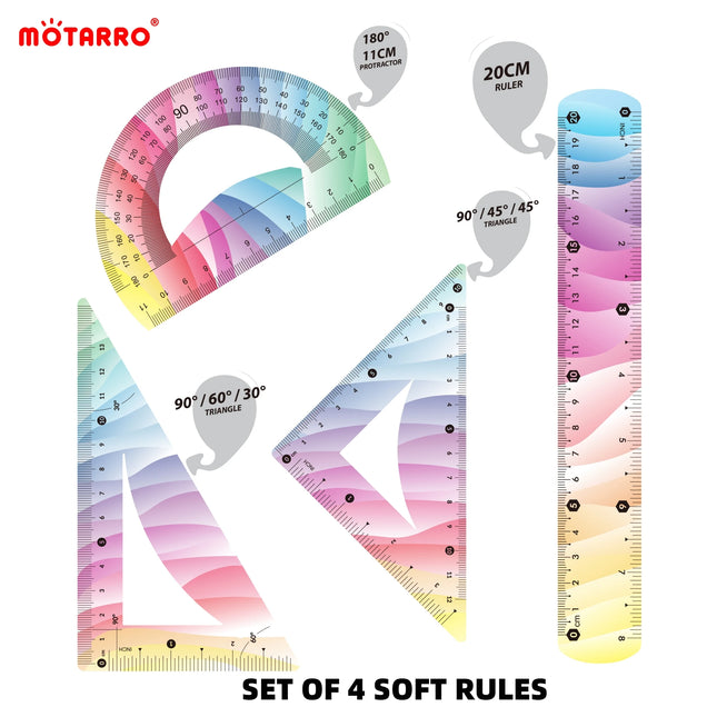 4 Pcs/set Ruler Set Soft Plastic Colorful Rainbow Rulers Shatterproof Bendable Flexible Ruler for School & Office Supplies