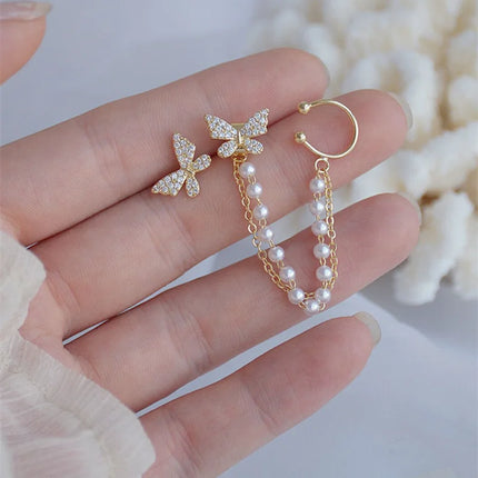 Korean Fashionable Rhinestone Butterfly Drop Earrings - Trendy Metal Chain Jewelry for Women and Girls