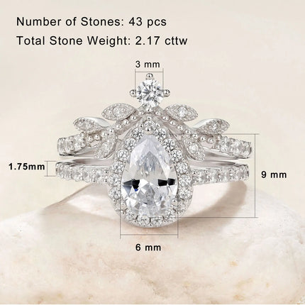 Newshe Vintage Wedding Rings for Women 925 Sterling Silver 2.7 Ct Halo Pear Shaped Cubic Zircon Bridal Set BR1802