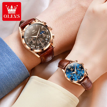 OLEVS Lover Watches Top Brand Luxury Couple Quartz Watch Waterproof Leather Chronograph Watch for Women and Men Couple Gift