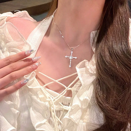 Silver Color Shiny Necklaces for Women CZ Zirconia Cross Pendant Necklace Chain Collier Choker Trendy Jewelry Accessories