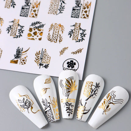 Gold Black Bronzing Leaves  3D Nail Sticker Geometrics Lines Leopard Zebra Pattern Adhesive Transfer Sticker DIY Nail Decoration