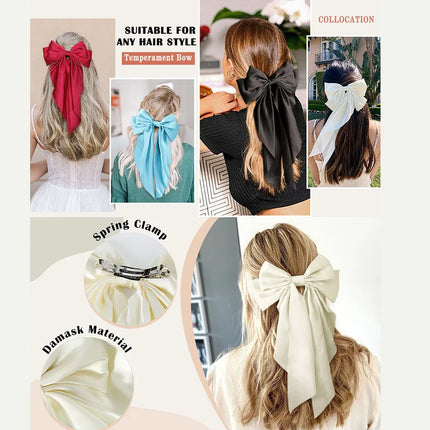 Ladies Satin Large White pink Red Blue Black Ribbon bow Oversized bow Long tail hair clip spring clip ponytail Hair accessorie