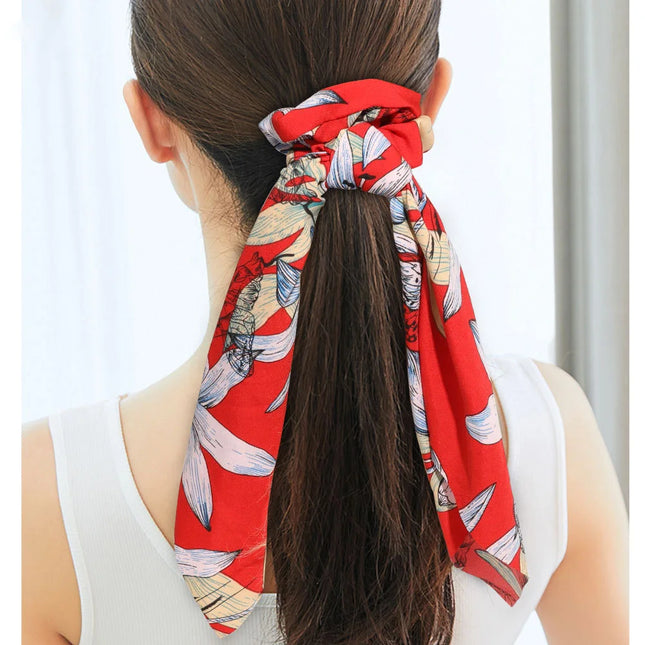 Vintage Leopard Satin Long Ribbon Scrunchie for Women Solid Color Elastic Bands Ponytail Tie Hair Scarf Headwear