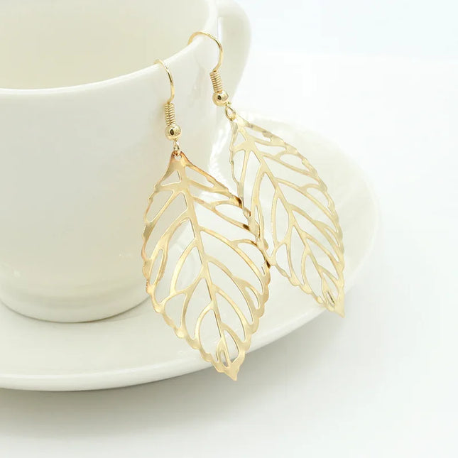 Vintage Leaf Hollow Dangle Earrings - Korean Fashion Jewelry for Women