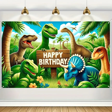 Dinosaur Jungle Birthday Party Backdrop  Polyester Photo Booth Background With Balloons & Flowers, Versatile Indoor