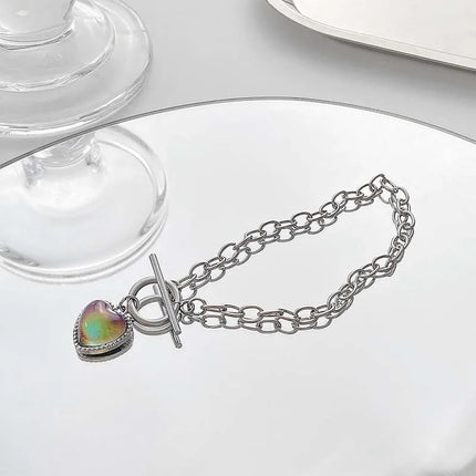 Mood Bracelet Peach Heart Love Pendant Bracelets Temperature Control Color Change Necklace Stainless Steel Chain Jewellery Women