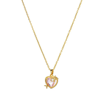 2023 New Fashion Trend Unique Design Elegant Delicate Pink Heart Zircon Pendant Titanium Steel Necklace Women Jewelry Party Gift