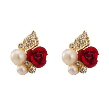 Graceful Butterfly Red Rose Pearl Crystal Bridal Earrings for Women