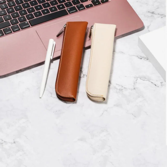 Simple Pen Sleeve PU Leather Mini Small Pen Bag Zipper Pencil Pouch Stationery Fountain Pen Holder Case Student School Supplies