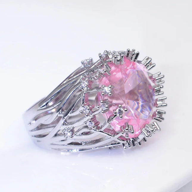 New 925 Sterling Silver Ring Inlaid Pink Crystal Zircon Exaggerated Ring For Woman Wedding Jewelry Gift