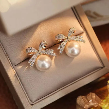 Elegant White Pearl Bow Drop Earrings - Women's Rhinestone Jewelry