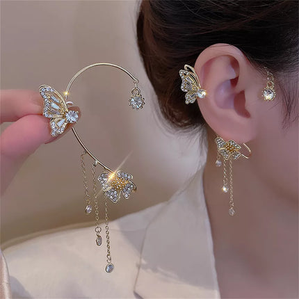 Zircon Butterfly Ear Cuff with Gold Tassel Clip On Earrings - Korean Style Non-Piercing Copper Jewelry for Women