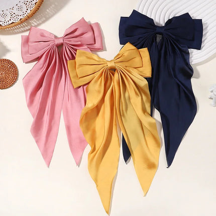 Elegant Bow Ribbon Hair Clip Fashion Simple Solid Satin Spring Clip Hair Pin Retro Headband with Clips Girls Hair Accessories