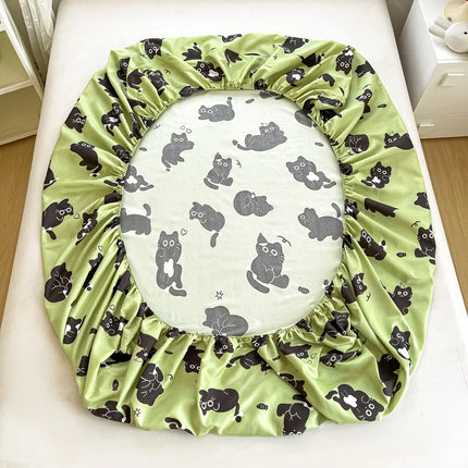 Cat Printed Bed Sheet Green Color Single/Queen/King Size Fitted Sheet with Elastic Band Cartoon Style Bed Sheet for Kids