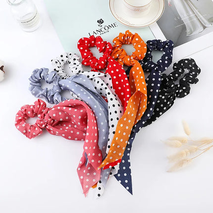 2023 Fashion Print Chiffon Long Ribbon Scrunchies Women Girls Ponytail Scarf Elastic Hair Bands Ties Hair Accessories Wholesale