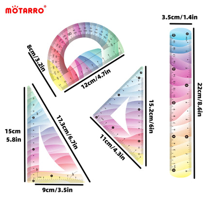 4 Pcs/set Ruler Set Soft Plastic Colorful Rainbow Rulers Shatterproof Bendable Flexible Ruler for School & Office Supplies