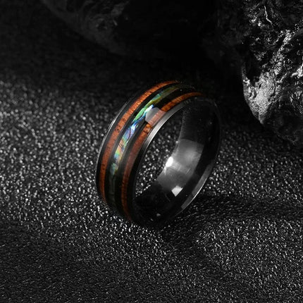 Fashion Silver Color Men's Stainless Steel Rings Koa Wood Deer Antler Inlay Dome Engagement Rings For Men Women Wedding Jewelry