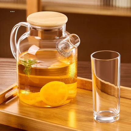 GIANXI 1000ML Transparent Glass Elegant Water Jugs With Wooden Cover Kitchen Coffee Pot Coffeeware Teaware Beverage Dispenser