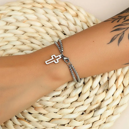 Double Chain Hollow Cross Pendant Stainless Steel Lobster Claw Claw Bracelet Fashion Hip Hop Punk Party Men's Jewelry Gift