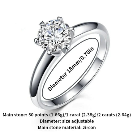 Exquisite New Style Never Fade Luxury Classic Solitaire 50 Cents/1 Carat/2 Carat Zirconia Open Ring For Women Wedding Jewelry