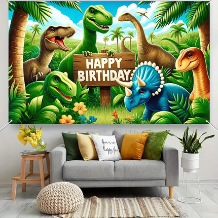 Dinosaur Jungle Birthday Party Backdrop  Polyester Photo Booth Background With Balloons & Flowers, Versatile Indoor