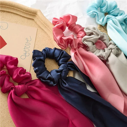 Sweet Long Ribbon Solid Bow Scrunchies Satin Ponytail Fashion Hair Ties Women Girls Elastic Hair Bands Headwear Hair Accessories