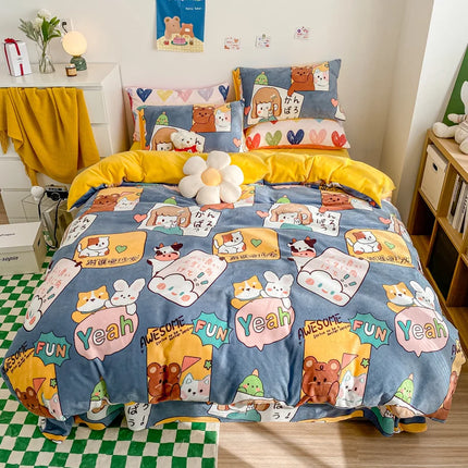 Cute Cartoon Panda 3pcs Duvet Cover Set Sage Green Thickened Milk Velvet Comforter Covers Boys Girls Bedding with Pillowcase