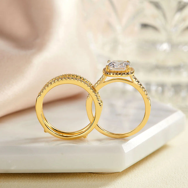 Newshe Rose Yellow Gold Halo Cushion AAAAA CZ Engagement Rings Set For Women 925 Sterling Silver Wedding Bands Enhancer