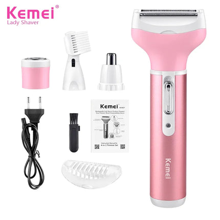 Kemei 4in1 Women Electric Shaver Facial Body Trimmer Beard Eyebrow Nose Ear Lady hair removal Bikini Ball Groin Rechargeable Set